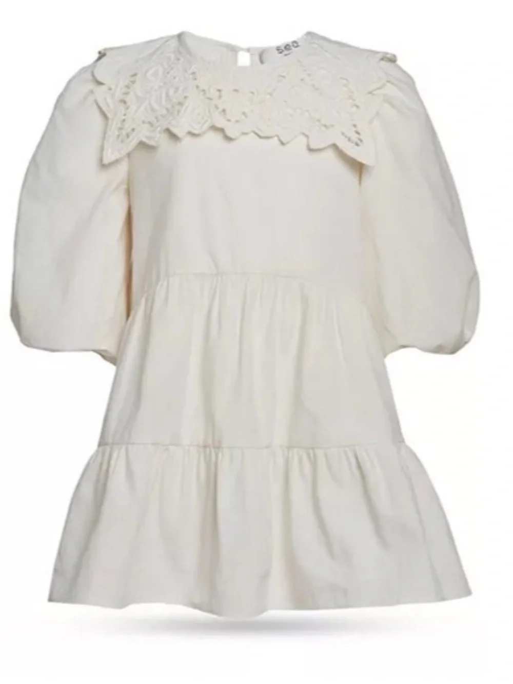 Sea Anita Puff Sleeve Dress Girls 10Yrs Cream Linen Round Neck Lace Back Button